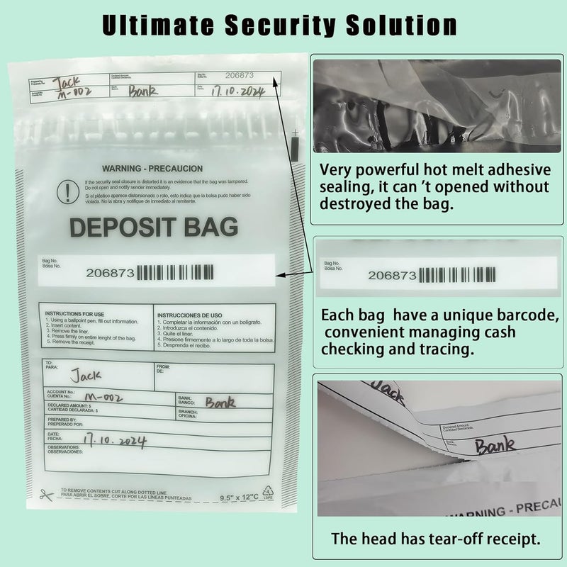 Seadasyoon Plastic Deposit Bags 100 Pack Clear 9''x 12'', Security Bank Deposits Bags,Cash register bag,Money bag for Cash,Bank Pocket,Tamper-Evident Bag,Unique Barcode - Image 3
